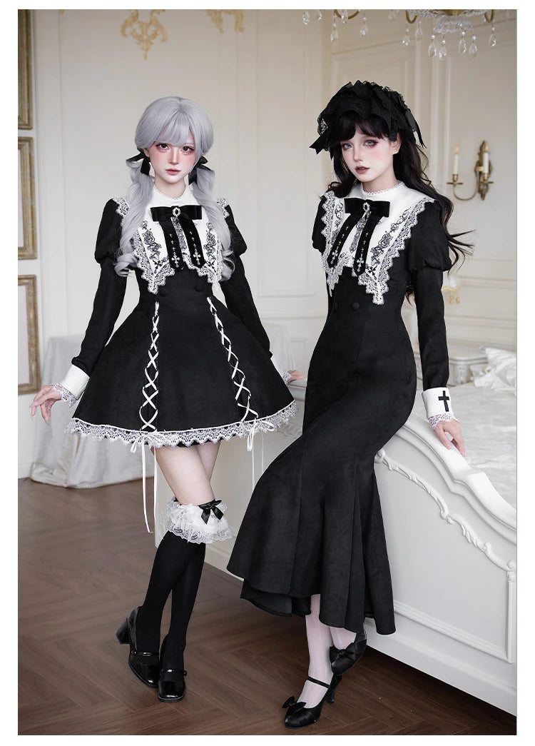 Original French Elegant Court Black Long Mermaid Dresses Op Autumn New Women's Slim Fit Lolita Long Sleeve Dress Gothic Dresses