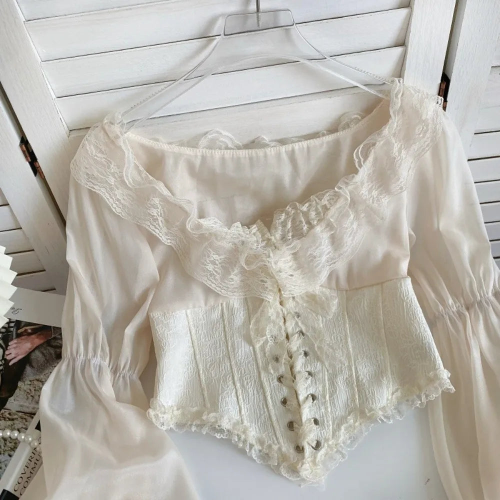The Vivienne Lace Manteau | Parisian Ruffled Chiffon Blouse | French Mesh Patchwork Top | Lantern Sleeve Coquette Shirt