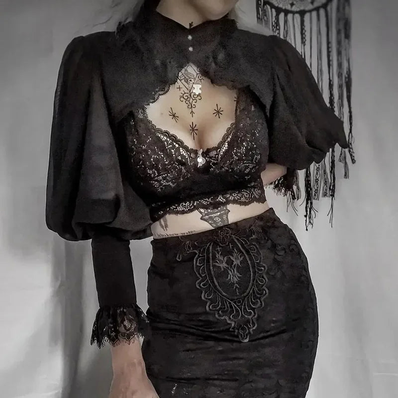 Lace Gothic Black Short Steampunk Crop Jacket Parisian Vintage Gorgeous Palace Blouse Women Party Bolero Victorian Coat Corset