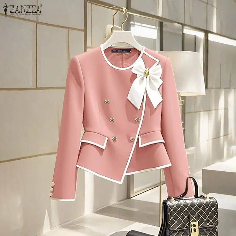 Parisian Elegant Blazer Double Breasted Long Sleeve Coats Women Fashion Bow Office Outerwear 2025 Casual Street Jackerts