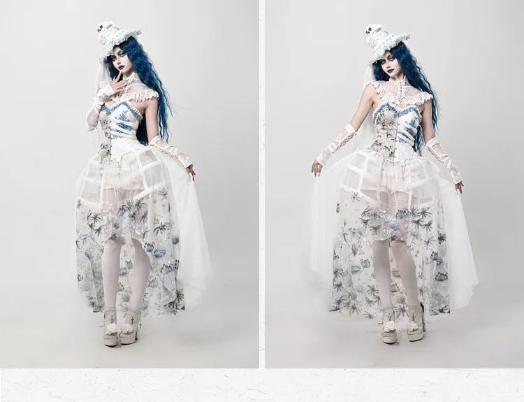 The Gothica White Gothic Dress | Zombie Bride Spine Lace Gown | Chiffon Tailed Party Dress with Cape | Parisian Princess