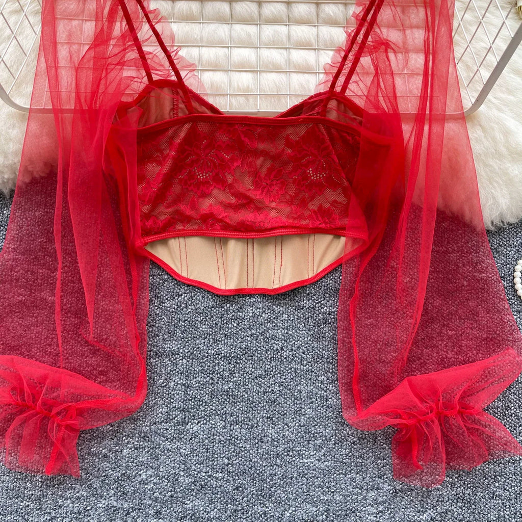 Women Chic Lace Mesh Sheer  Long Sleeve Backless Crop Top Solid Slim Parisian French Fashion Summer Women Shirt Square Collar