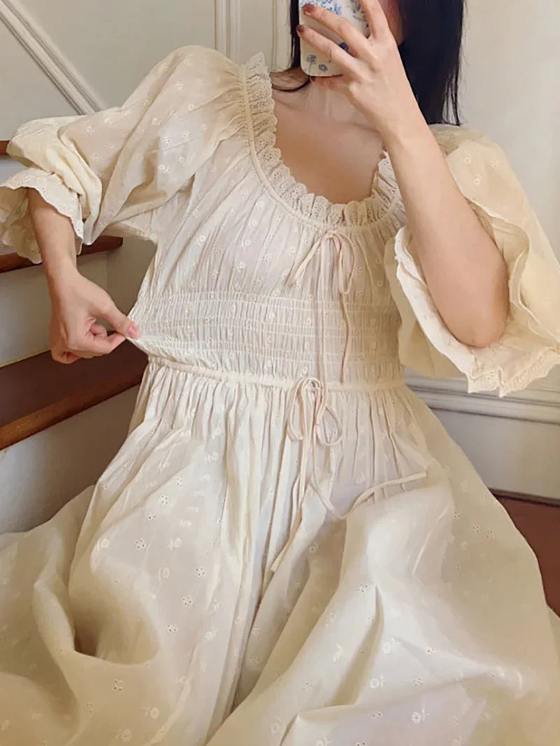 Cotton Embroidery French Languid U-Neck Ruffles Princess Nightgown Lace-up Vintage Fairy Night Dress Spring Pajamas Sleepwear