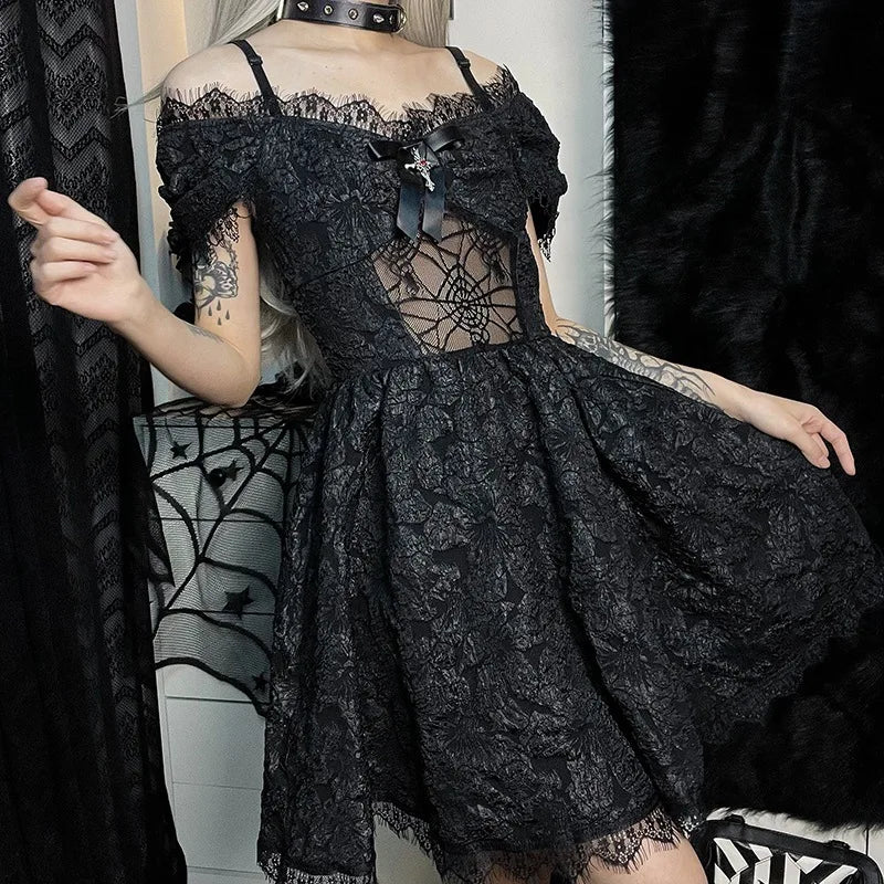 Gothica Lace Short Dress Women Cobweb Patchwork Short Sleeve Cold Shoulder Halloween Outfit Horror Ruffle Trim Costume