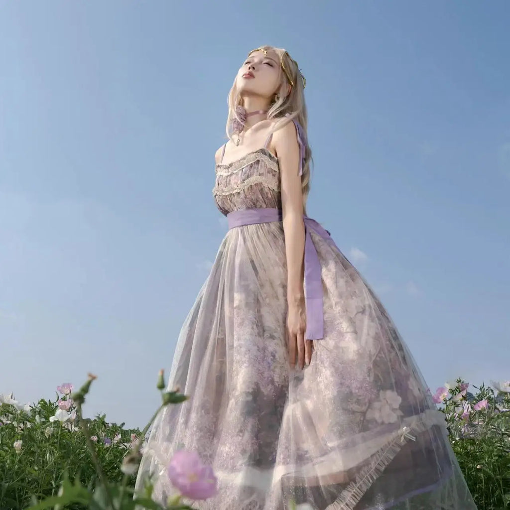 The Lavender Fields Oil Painting Bow Gown: A Parisian Masterpiece | Original Art Print Dress | Parisian Princess