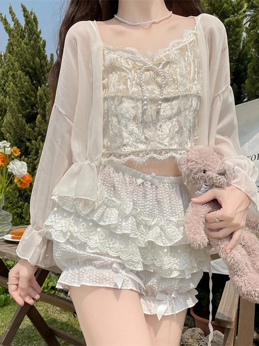 Women s Fashion Bloomers Shorts Lace Layered Ruffle Bowknot Elastic Waist Short Pants Summer Casual Shorts