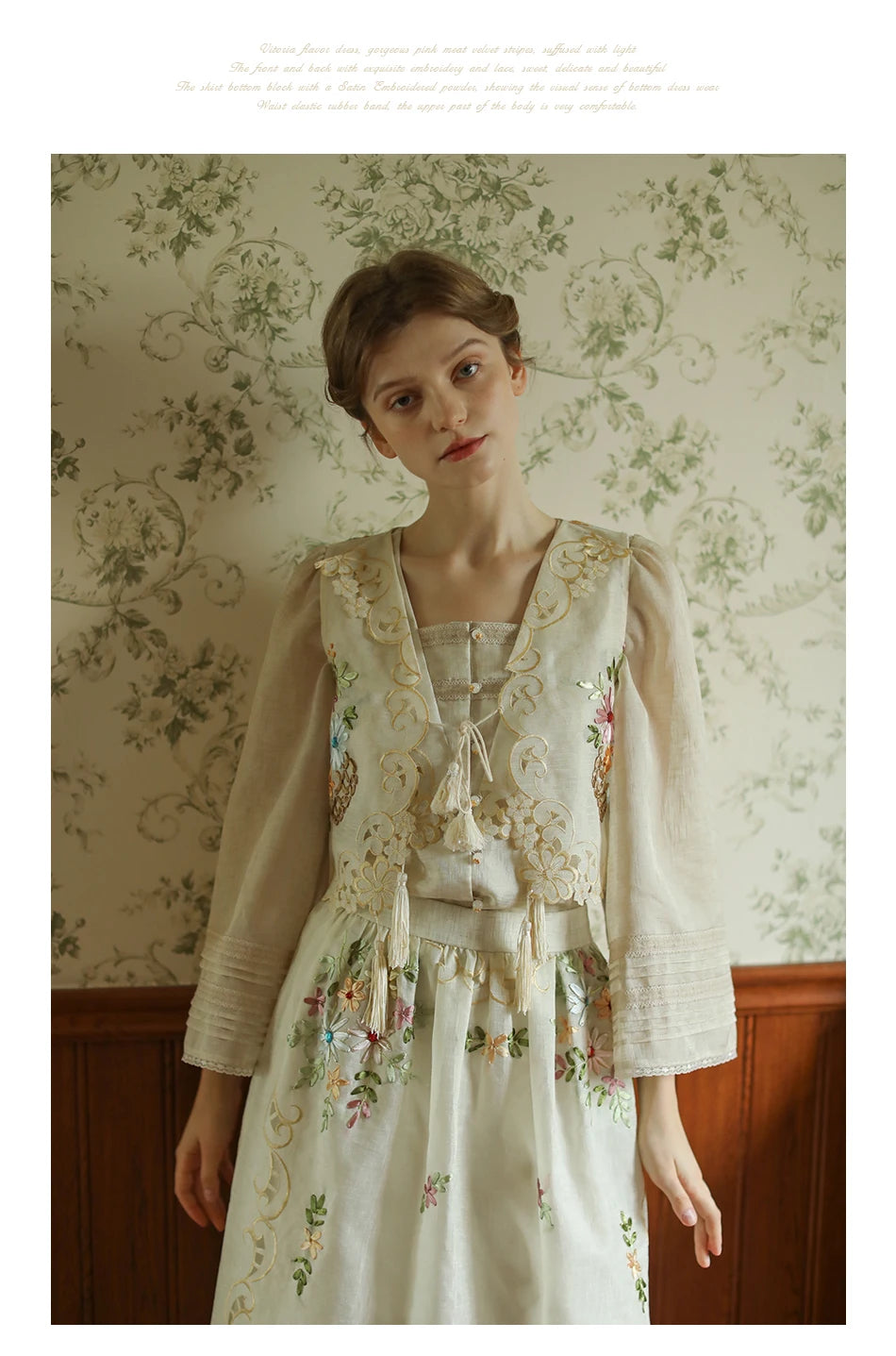 The Antoinette Tassel Embroidery Vest | French Antique Floral Cotton Gilet | Open-Stitch V-Neck | Parisian Princess