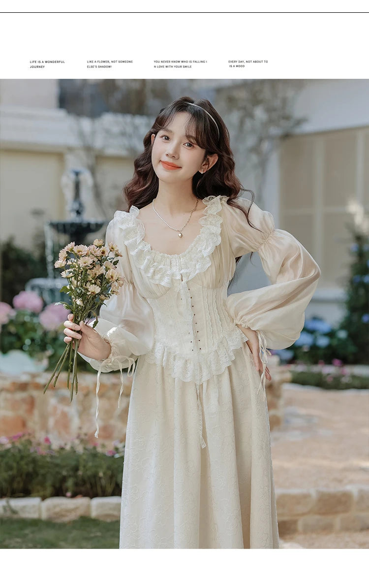 The Ethereal Princess Tatting Gown | Fairycore Lace Midi | French Square Neck Princess Sleeve Vestido | Parisian Princess