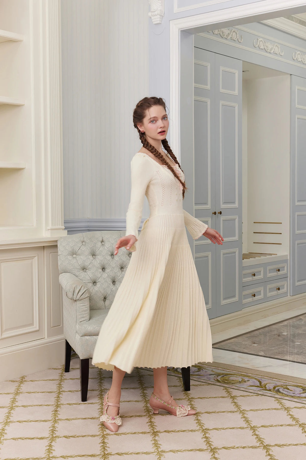 76-88cmBust FallWinter Long Pleated Dress Women Vintage ElegantSlim Embroidery Square Neck Flare Sleeve 100%Cotton Knitted Dress