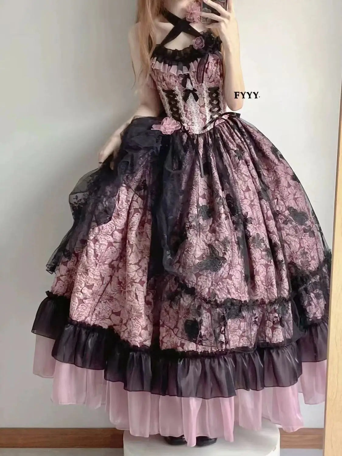 Dophee Original Lolita Flower Wedding Dress Set Gothica Black Pink JSK Dress Elegant Ruffles Mesh Spring Summer OP Dress
