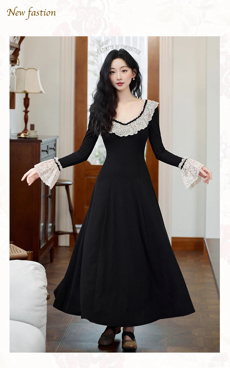 Vintage Black Knitted Basic Dress Woman Retro French Style Lace Collar Flare Sleeve Elegant Lady Long Dresses Vestido Negro