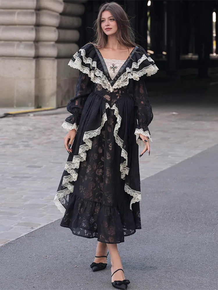 Parisian Lace Black Maxi Dresses Women Vintage Elegant Slim Sexy Lace V-Neck Luxury Palace Style Halloween Atmosphere Dress