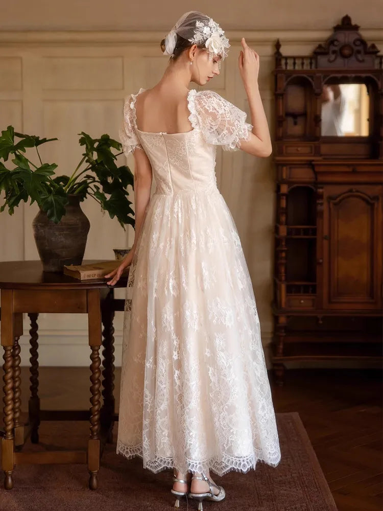The Fresh Air Fairy Maxi | Summer Vintage Embroidered Lace Gown | Square Collar Empire Waist Puff Sleeve Gown | Parisian Princess