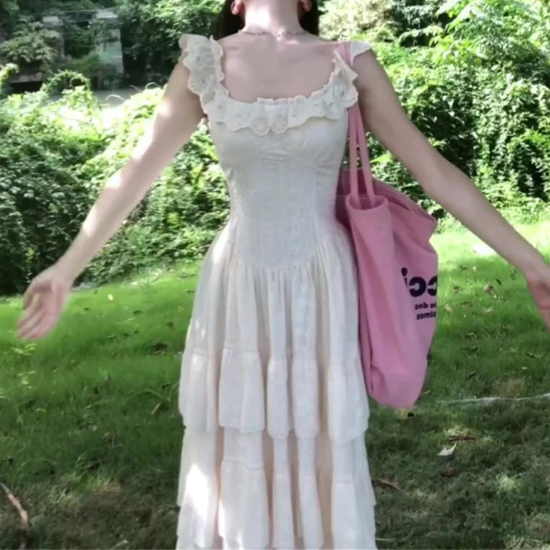 Vintage French Style Ruffles Square Collar Dress Women Summer Holiday Style Sleeveless Fairy Party Dress Fashion Female Clothes