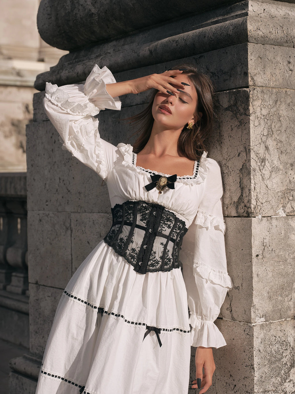 Gothica Parisian Fall White Maxi Dress Women Vintage Elegant Slim Lace Collar Long Sleeve French Halloween Dress