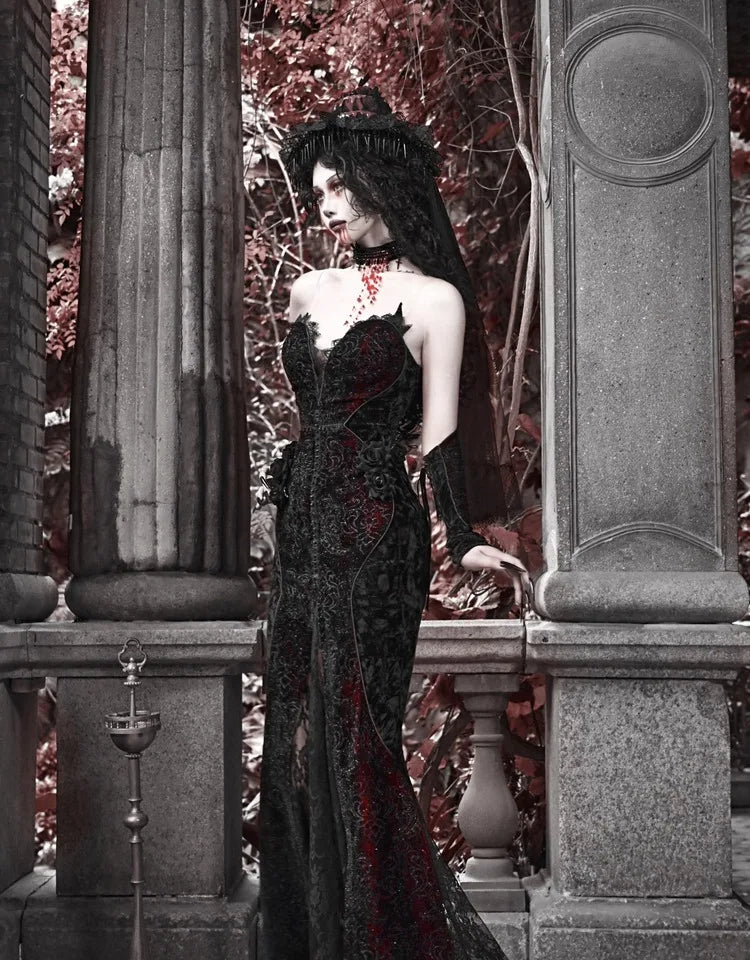 Gothica Original Design Vampire Black Red Dress Lace Patch Gothic Velvet Trumpet Sleeveless Sexy X-Long Dress Halloween