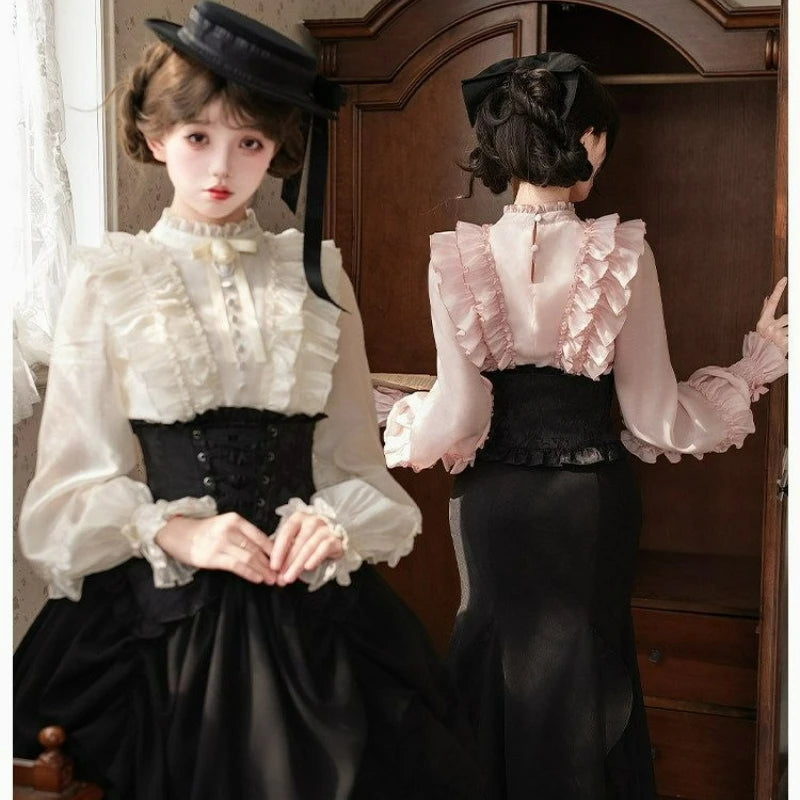 The Parisian Muse Ruffle Blouse | French Vintage Flare Sleeve Top | Elegant Slim Blouse | Parisian Princess