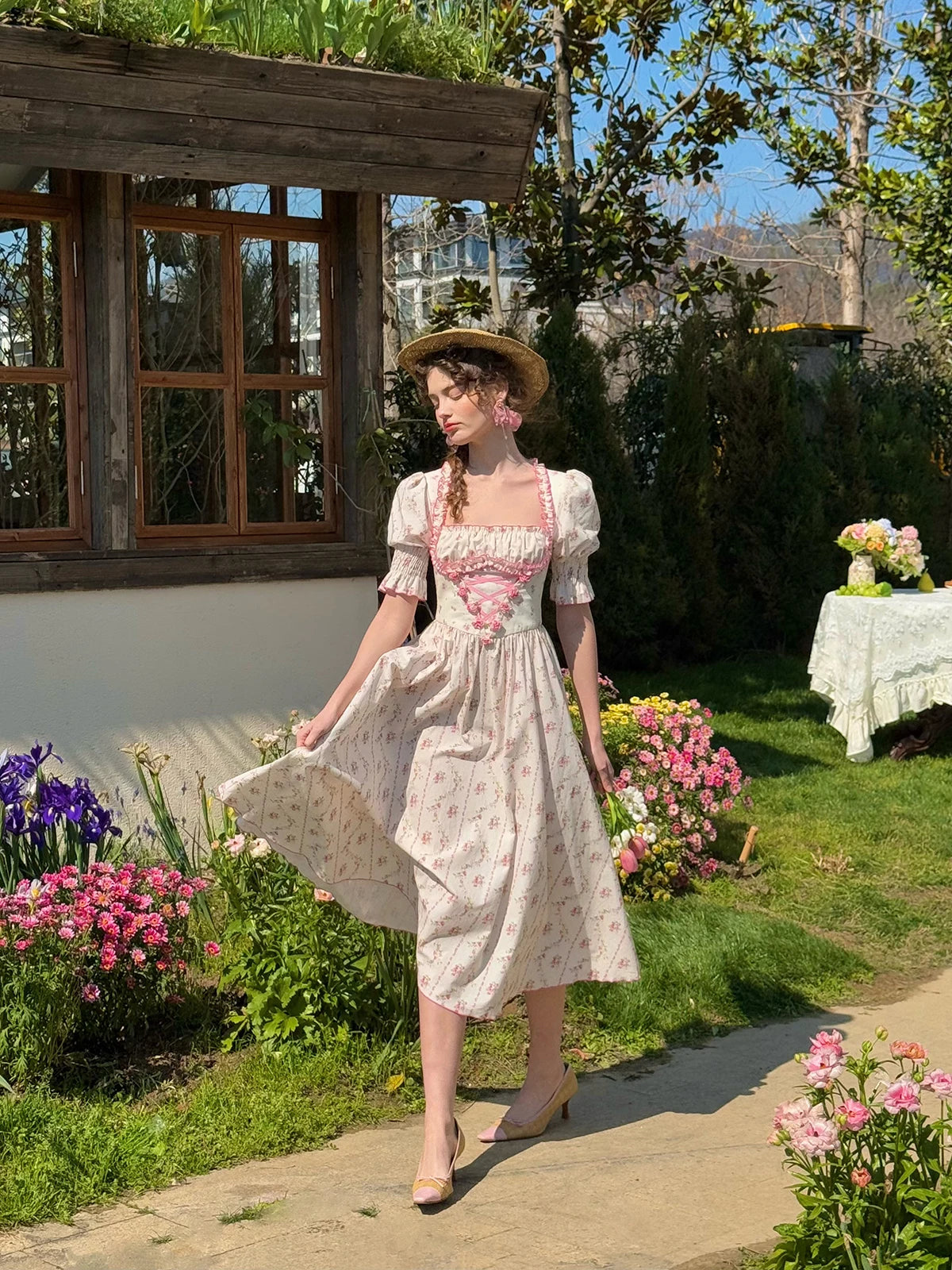 The Giverny Floral Cotton Gown | Square Neck Puff Sleeve Midi | French Countryside Prairie Dress | Parisian Princess