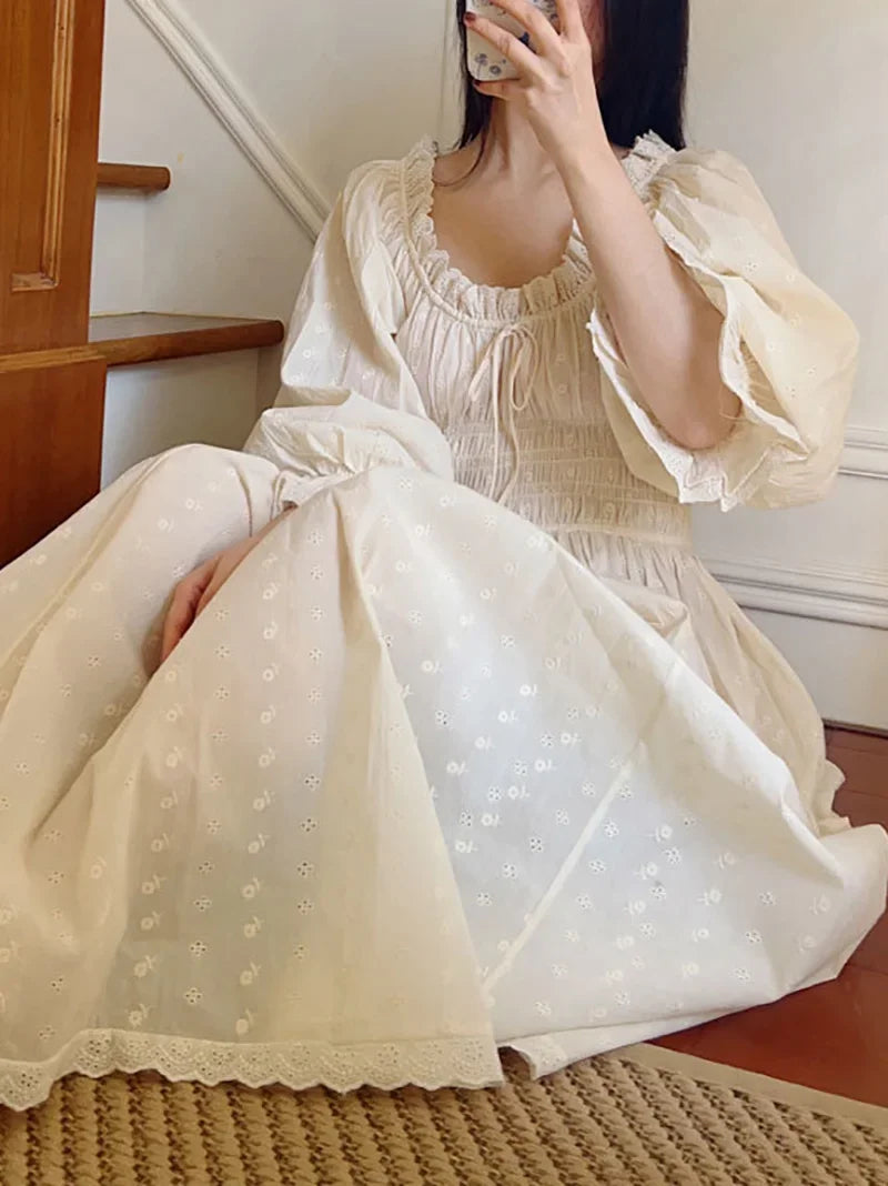 Cotton Embroidery French Languid U-Neck Ruffles Princess Nightgown Lace-up Vintage Fairy Night Dress Spring Pajamas Sleepwear