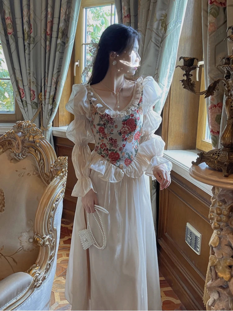 The Trianon Fairy Midi | Vintage Floral Puff Sleeve Prom Dress | Elegant Luxury Print Summer Gown | Parisian Princess