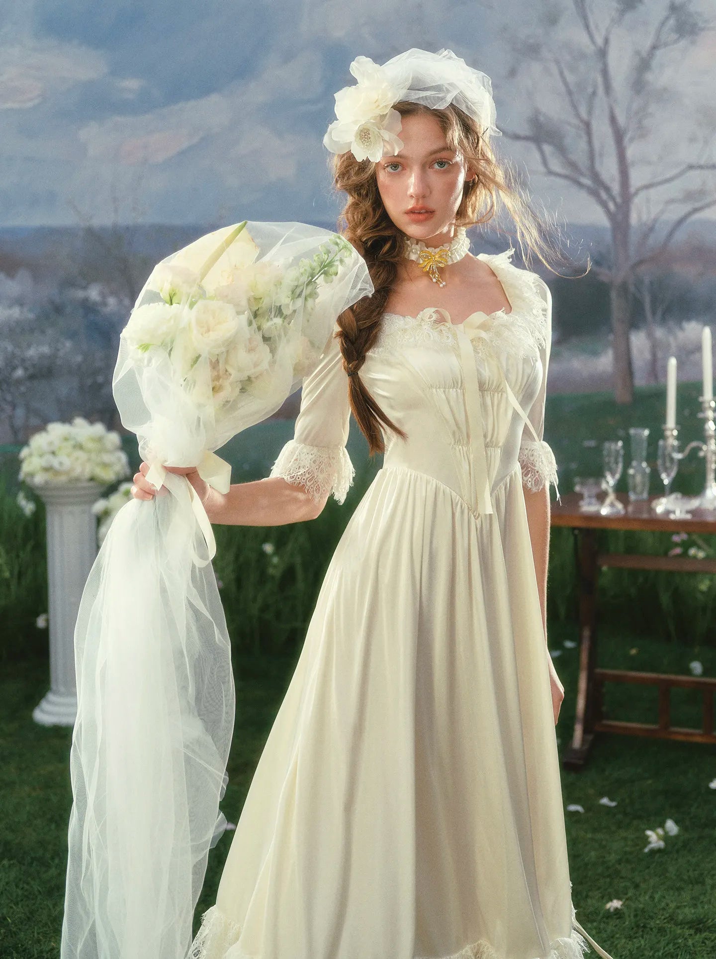 The Swan Regina Gown | French Vintage Court Satin Dress | Elegant Square Neck Wedding Maxi | Parisian Princess