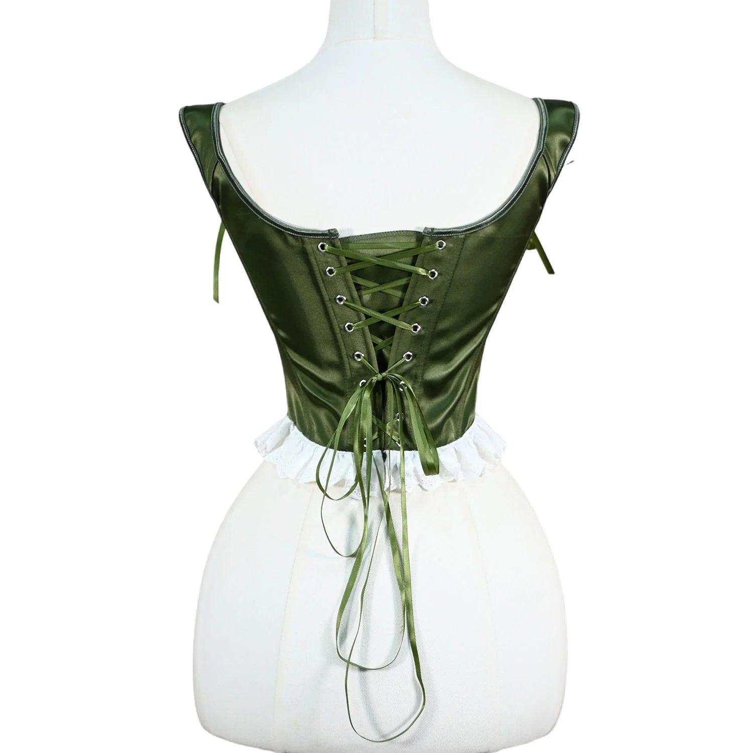 Women Green Printed Corset Vest Bustier Overbust With White Lace Vintage Bodice Lace Up Boned Shaping Tops Stage Costume