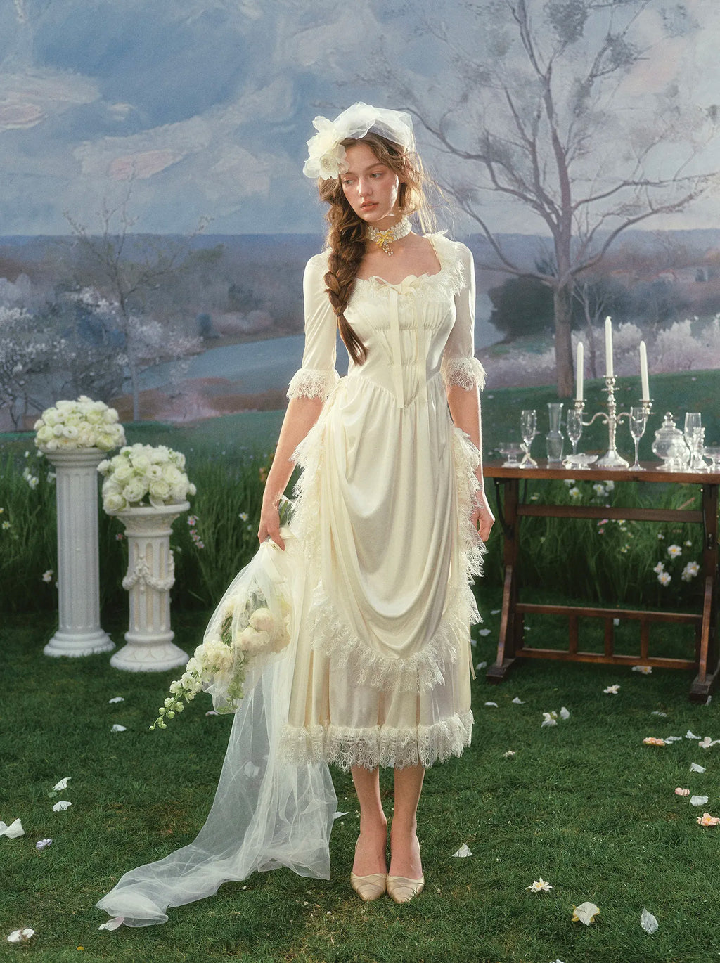 The Swan Regina Gown | French Vintage Court Satin Dress | Elegant Square Neck Wedding Maxi | Parisian Princess