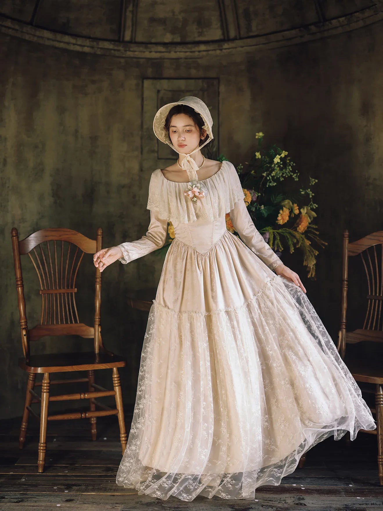 The Giverny Garden Gala Gown | French Satin Lace Patchwork Maxi | Vintage High Waist Ankle Length Dress | Parisian Princess