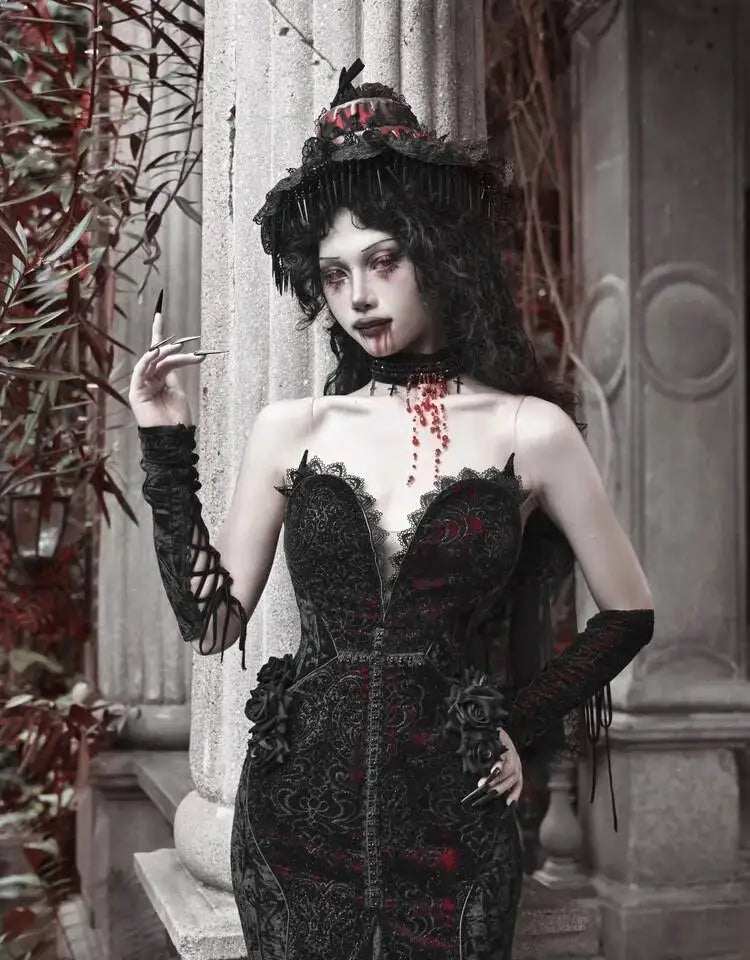 The Scarlet Blood Peak Manteau | French Gothic Dark Heart Velvet Gown | Glitter Mermaid Cosplay Dress | Winter 2024 Atelier Collection