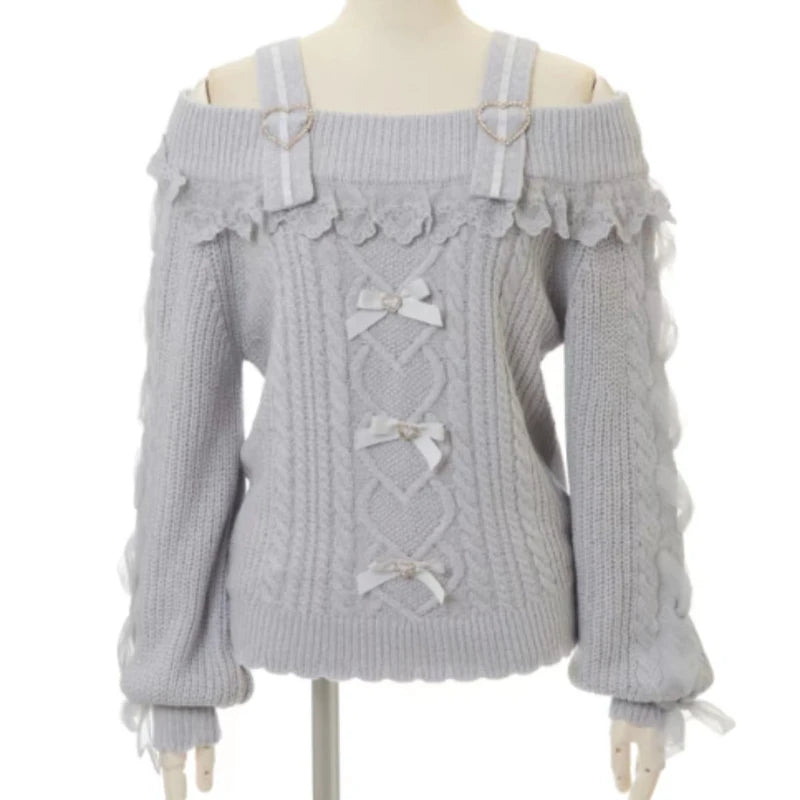 The Trianon Fairy Ribbon Knit | Vintage Sweet Lolita Off-Shoulder Pullover | Cute Lace Ruffle Bow Sweater | Parisian Princess
