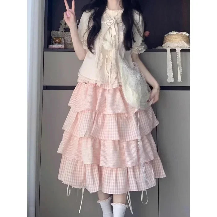 Cute Sweet Sister Classic Parisian Outfit Women's Plaid Ribbon Tied Shirt And Knee-Length Cake Skirt Two-Piece Set