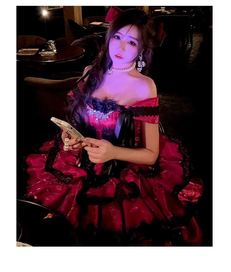 Princess Romantic Date Anniversary Wedding Party Pink Dress Girls Women's Sweet Lolita Halter Off-Shoulder Ball Gown Dresses