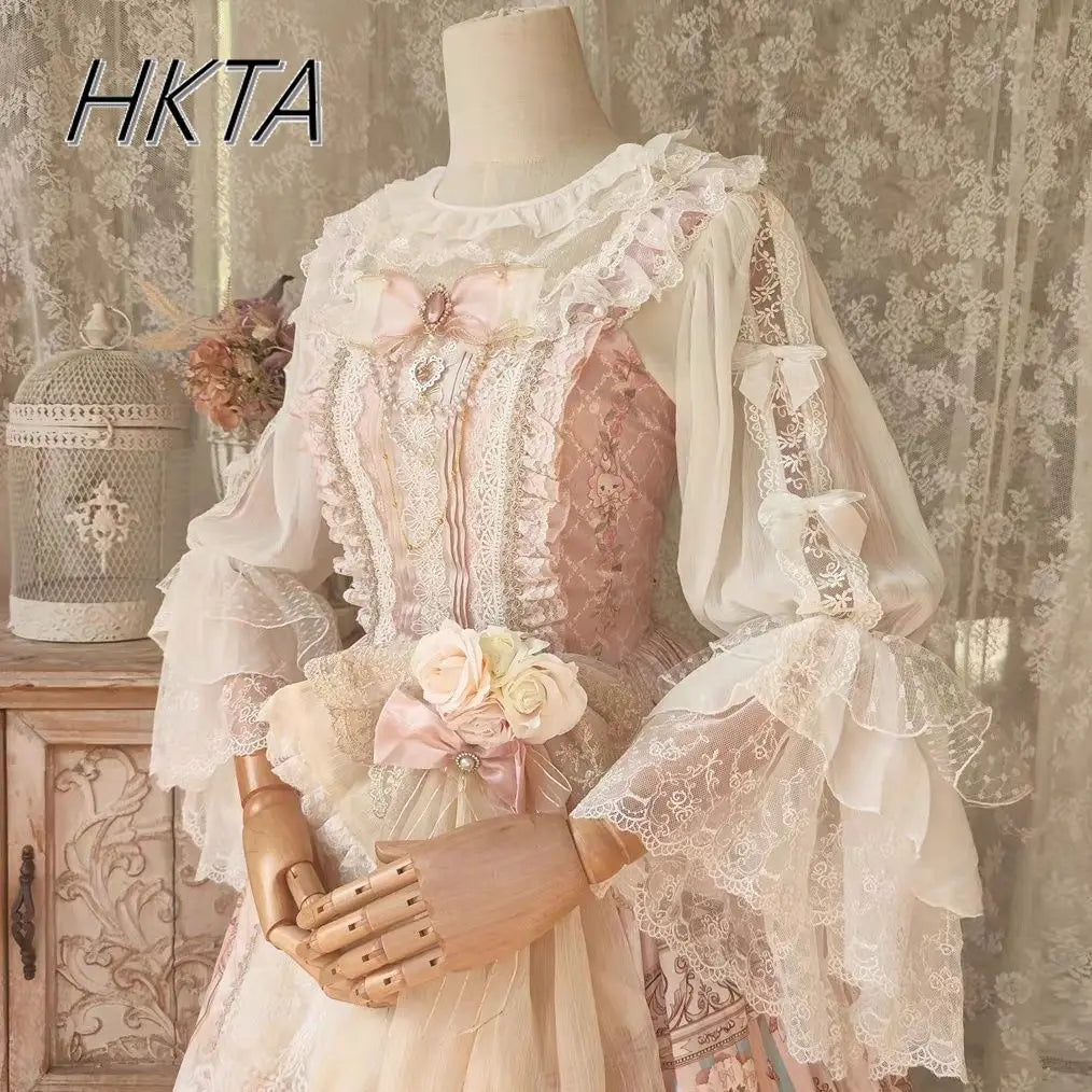 Lolita Long Sleeve Cascading Round Neck Long Sleeve Shirts Women Elegant White Blouses Lace Splicing Loose Chiffon Blusas Girl