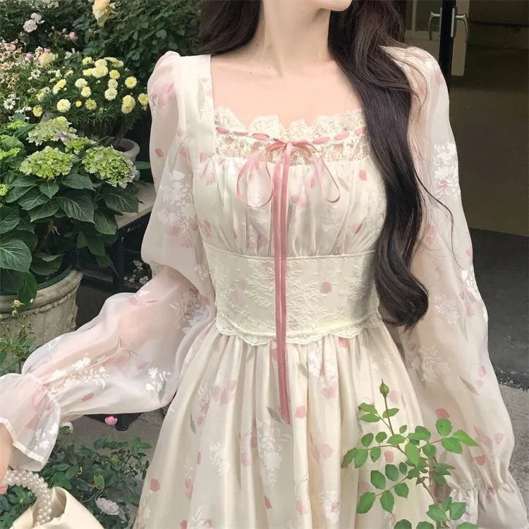 Autumn Winter Women's Long Sleeve Square Collar Chiffon Floral Print Slimming Dress Midi Length Empire Waistline Fashionable