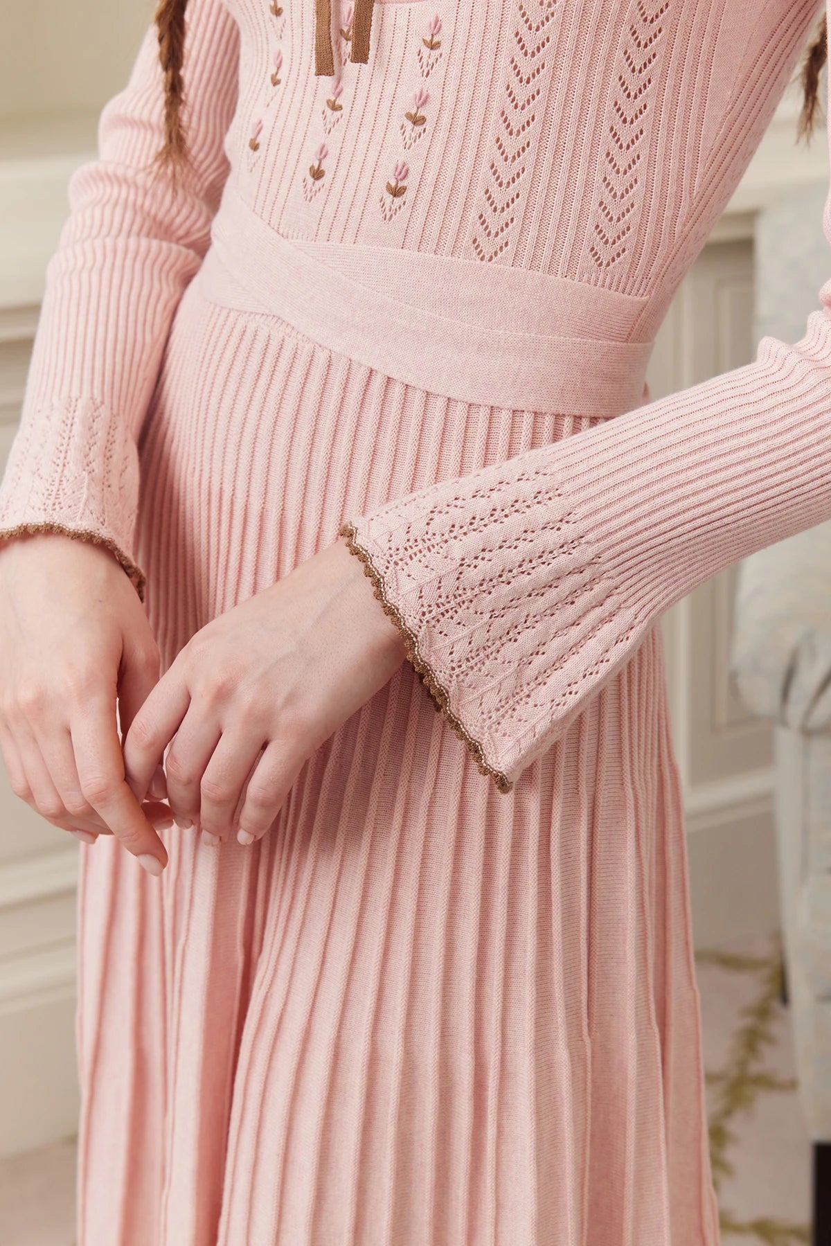 76-88cmBust FallWinter Long Pleated Dress Women Vintage ElegantSlim Embroidery Square Neck Flare Sleeve 100%Cotton Knitted Dress