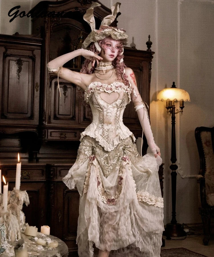 The Versailles Lovecore Lace Set | Fishbone Corset Tube Top & Floor-Length Skirt | Dark Romance Two-Piece | Parisian Princess
