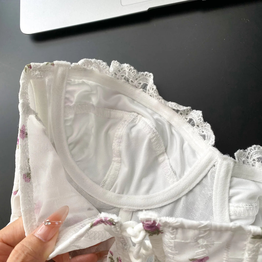 The Trianon Embroidered Corset | French Sweet Floral Lingerie Top | Hollow Out Backless Bandage Camisole | Parisian Princess