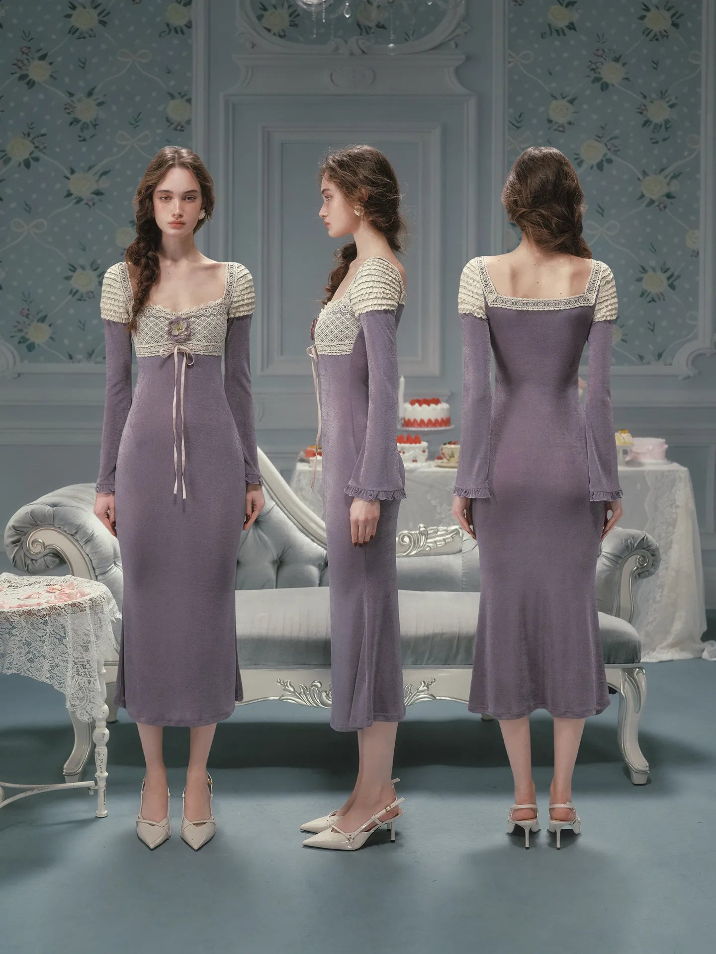 The Versailles Velvet-Knit Midi | Vintage Elegant Slim Lace Collar Gown | Imperial Purple Long Sleeve Fit & Flare | Parisian Princess