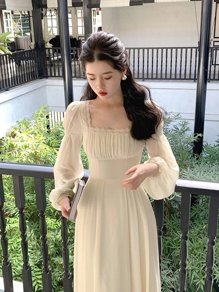Parisian Princess French Elegant Lace Midi Dress | Slim Fit Empire Waist A-Line Winter Fairy Gown | Parisian Princess