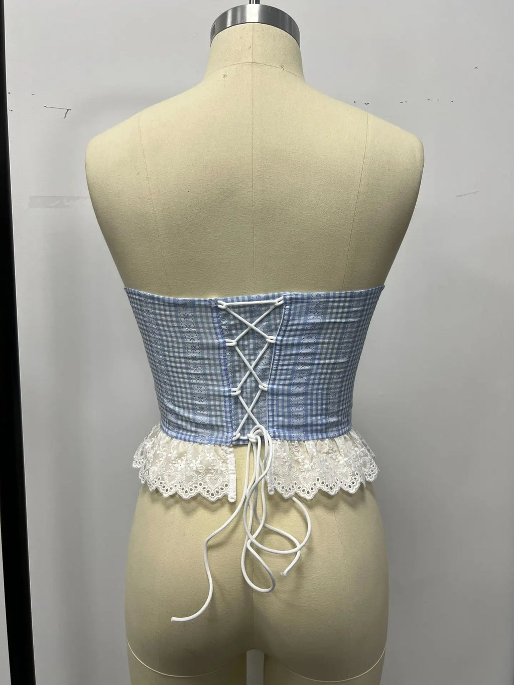 The Gingham Coquette Corset | Off-Shoulder Plaid Lace Trim Bustier | Eyelet Lace Backless Criss-Cross Party Camisole | Parisian Princess