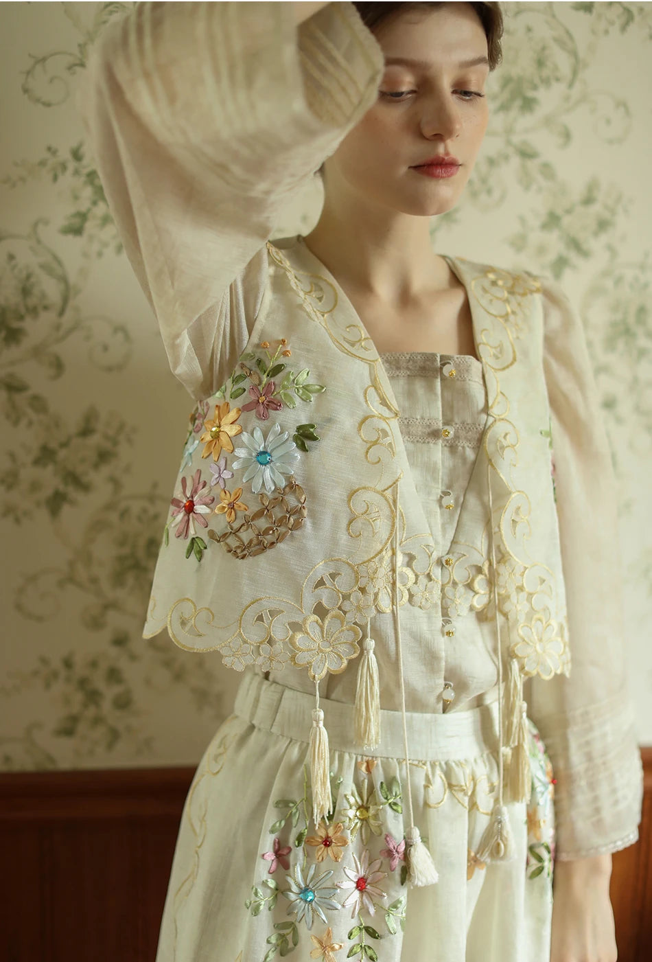 The Antoinette Tassel Embroidery Vest | French Antique Floral Cotton Gilet | Open-Stitch V-Neck | Parisian Princess