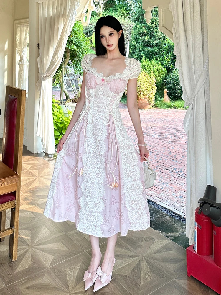 French Fairy Floral Long Party Dress Women Bow Lace-up Puff Sleeves Slim Midi Long Dress Ren Fair Medieval Victorian Costume
