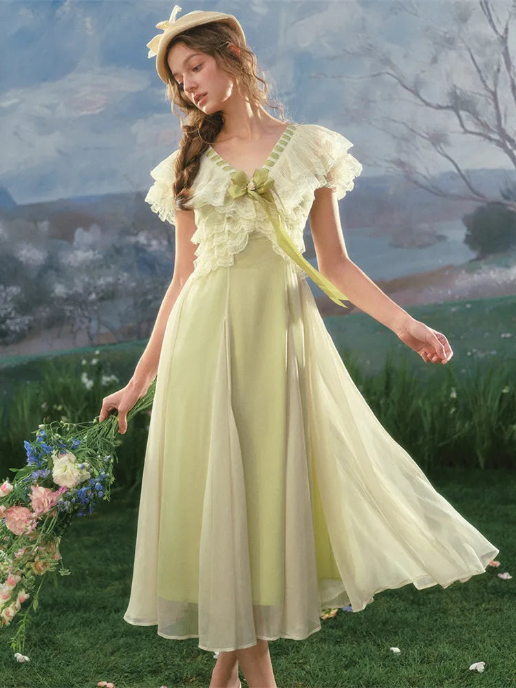 The Spring Meadow Butterfly Lace Gown | French Pastoral V-Neck Midi | Empire Waist Princess Dress | Parisian Princess