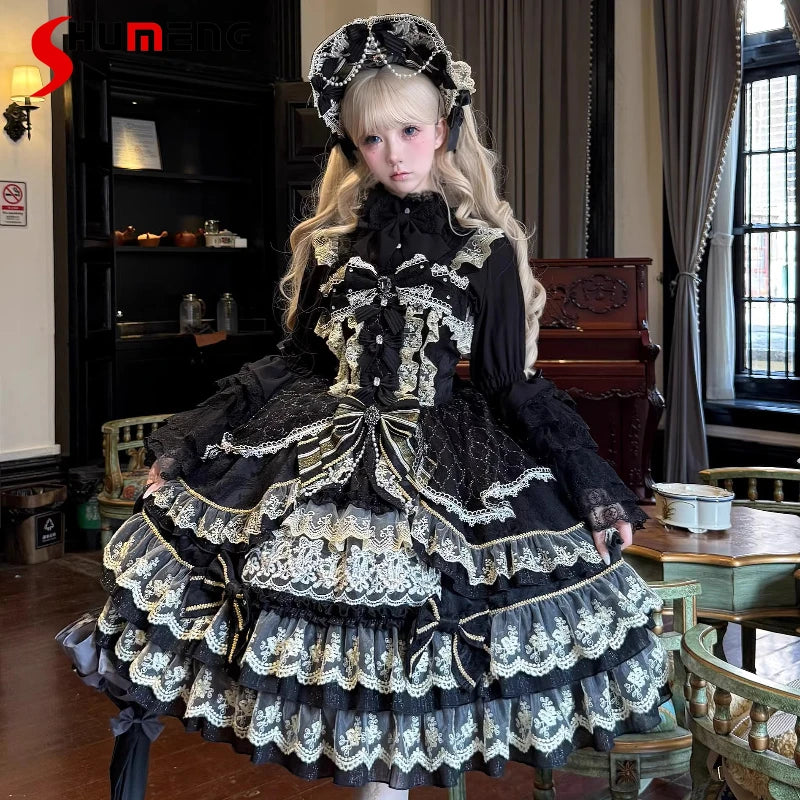 Original Gothic Cos Suspender Dress Jsk Summer New Female Slim-Fit Elegant Cute Bow Cake Dresses Women's Lolita Birthday Dress
