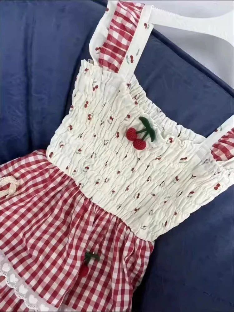 Parisian Vintage Sweet Summer Women Dresses FrenchPlaid Patchwork Slip Design Long Dress Female New Fashion Retro Party Dress