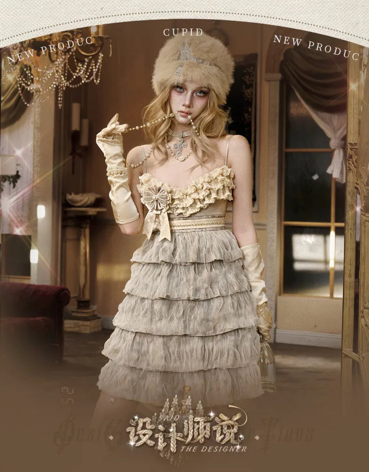 The Gothica Russian Princess Cake Dress | High-Waist Lace-Strap Luxury Slip | Sweet Apricot Layered Jupe | Parisian Princess