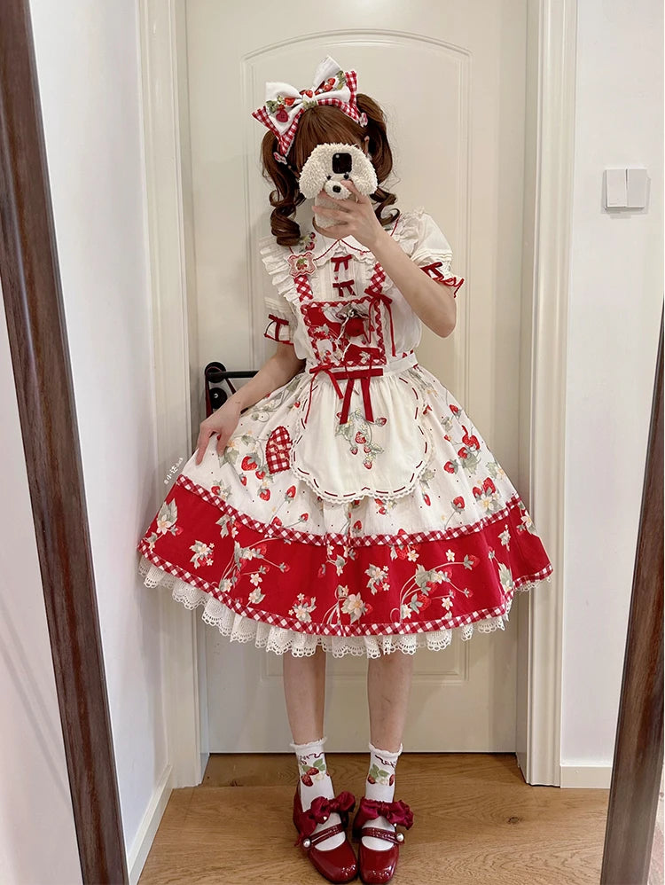 Parisian Cottagecore Original Strawberry Embroidery Cute Apron Soft Girl Sweet Lolita Dress Versatile Apron Women's Y2k Accessories