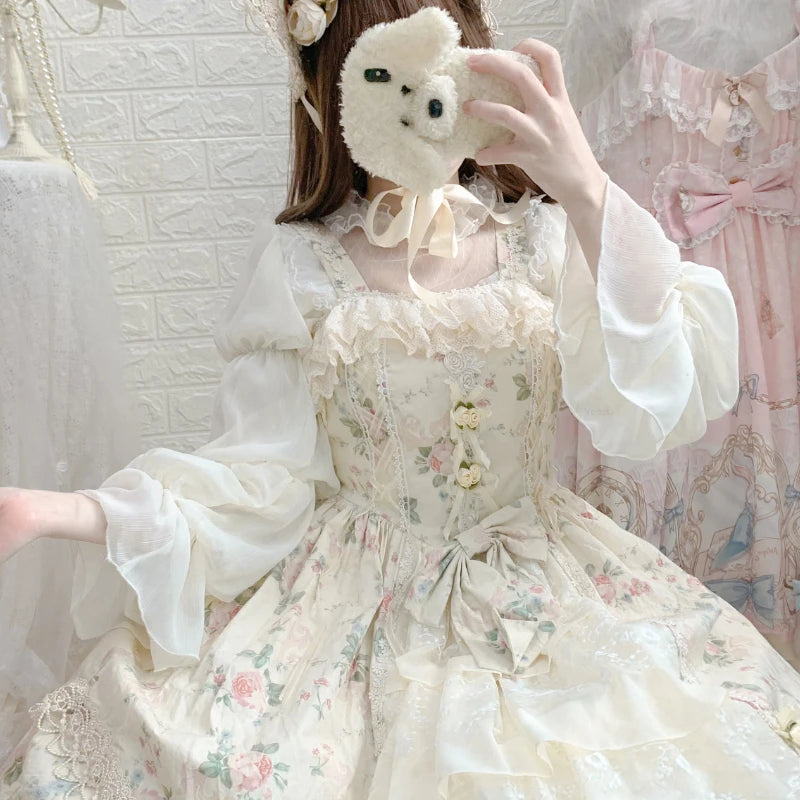 Elegant Vintage Lolita Blouses Women Sweet Cute Hollow Out Mesh Lace Ruffles Princess Shirts Female Gothic Loose Blouse Tops