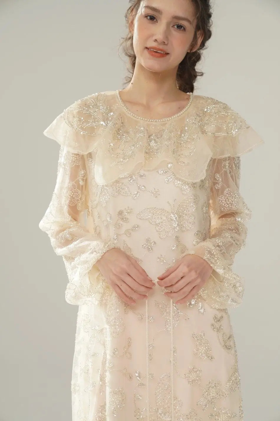 The Tuileries Summer Dream | Elegant Loose Luxury Embroidery Gown | Glittering Sequin Butterfly Pattern Midi | Parisian Princess