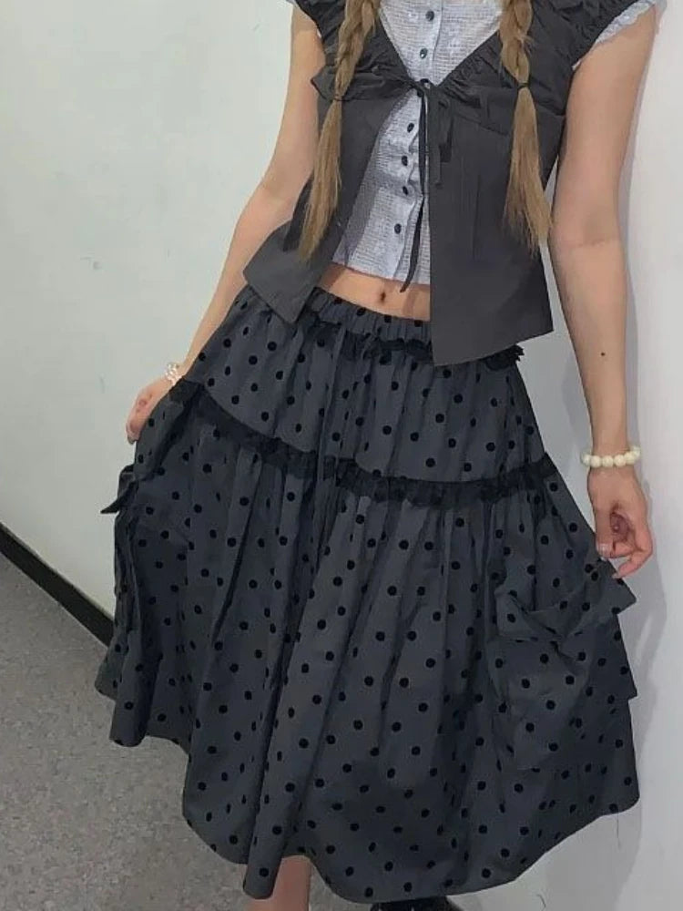 La Baronne Grey Polka Dot Midi | Vintage Pocket Skirt | French Retro Mid-Calf Skirt | Parisian Princess